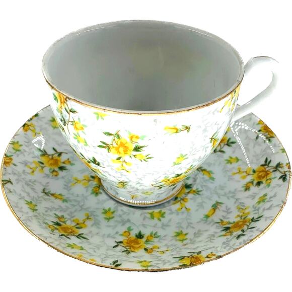 Ries Japan Ceramic Tea Cup & Saucer White Yellow Roses Gray Floral Gold Accents - Picture 1 of 9